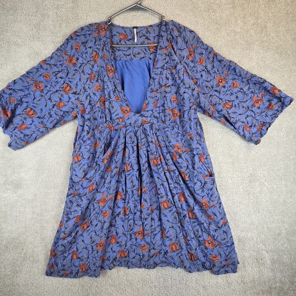 Free People Dresses & Skirts - Free People Boho Mini Dress Women's Size L Blue Lined Pockets